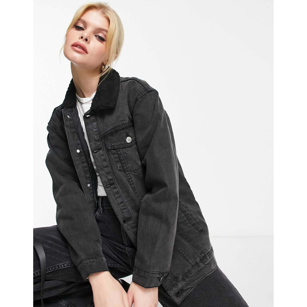ASOS DENIM Black Washed Sherpa‎ Lined Trucker Jacket US 10